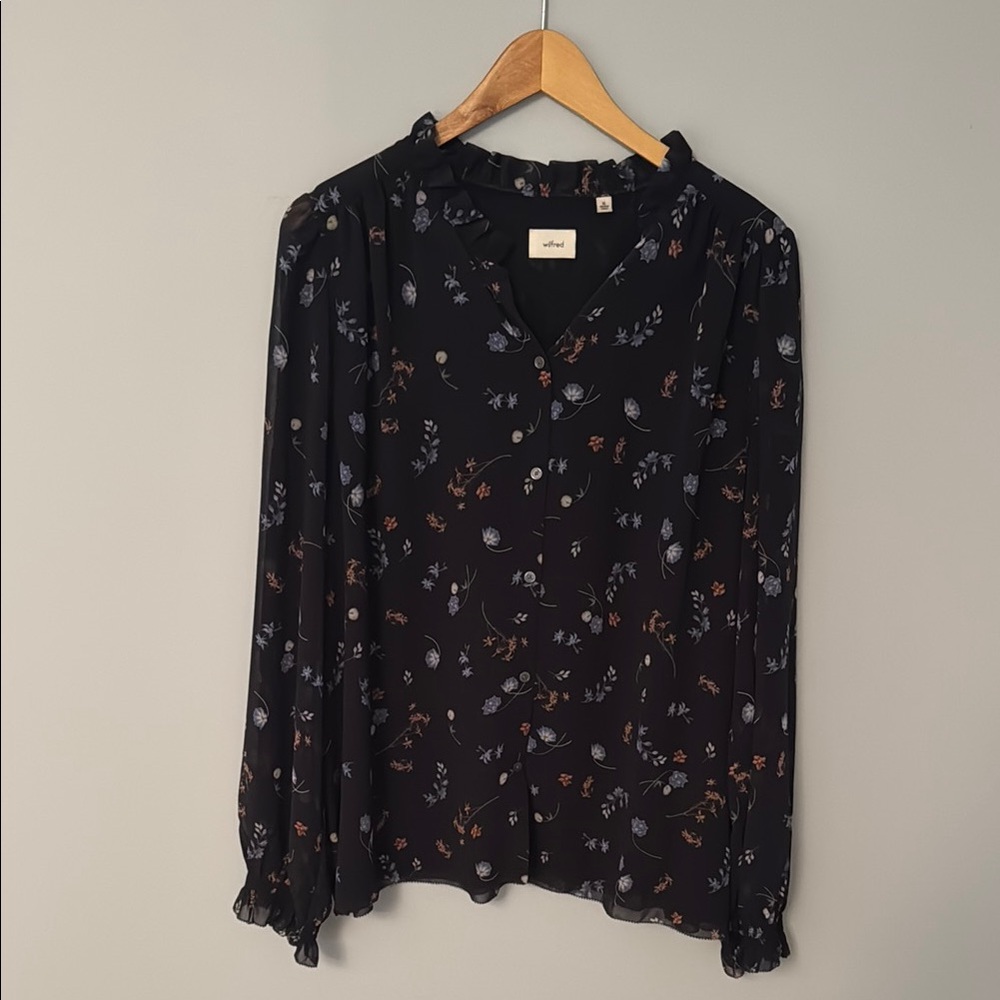 Wilfred Black Floral Ruffle-Collar Button Blouse